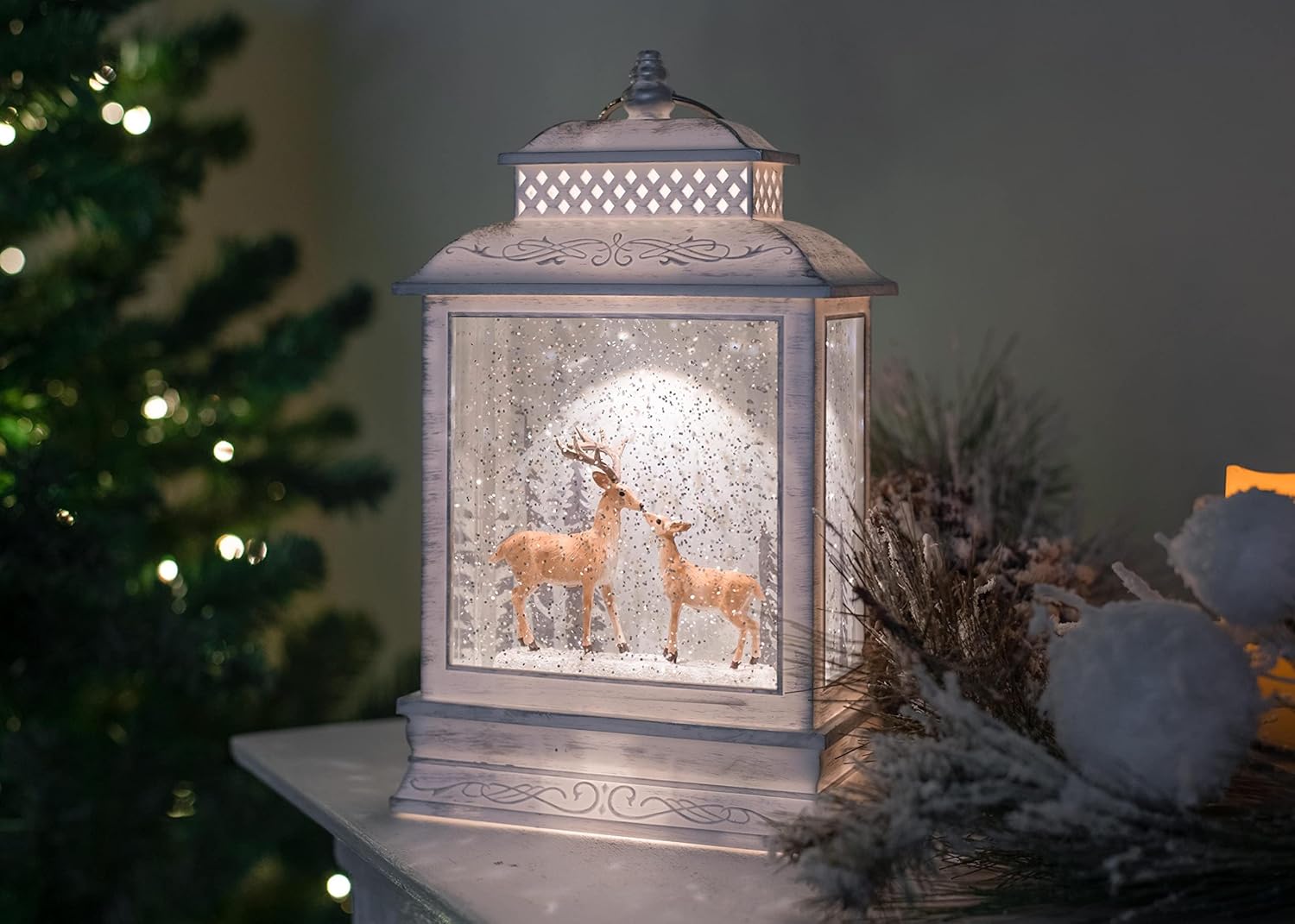 DEMDACO Distressed White Brown Deer Scene Musical LED 6 x 11 Acrylic Christmas Decorative Tabletop Snow Water Globe